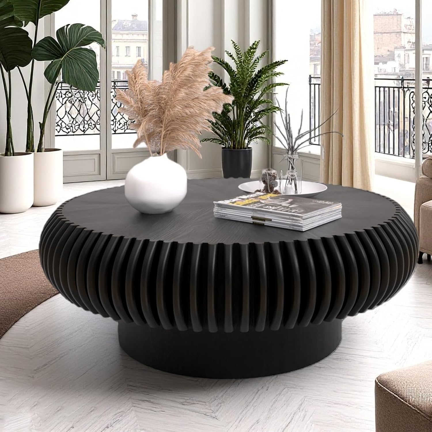 Round Drum Coffee Table Modern Coffee Tables Fluted Coffee Table Circle Center Table Pedestal End Table for Living Room Bedroom (Black 31.5in)