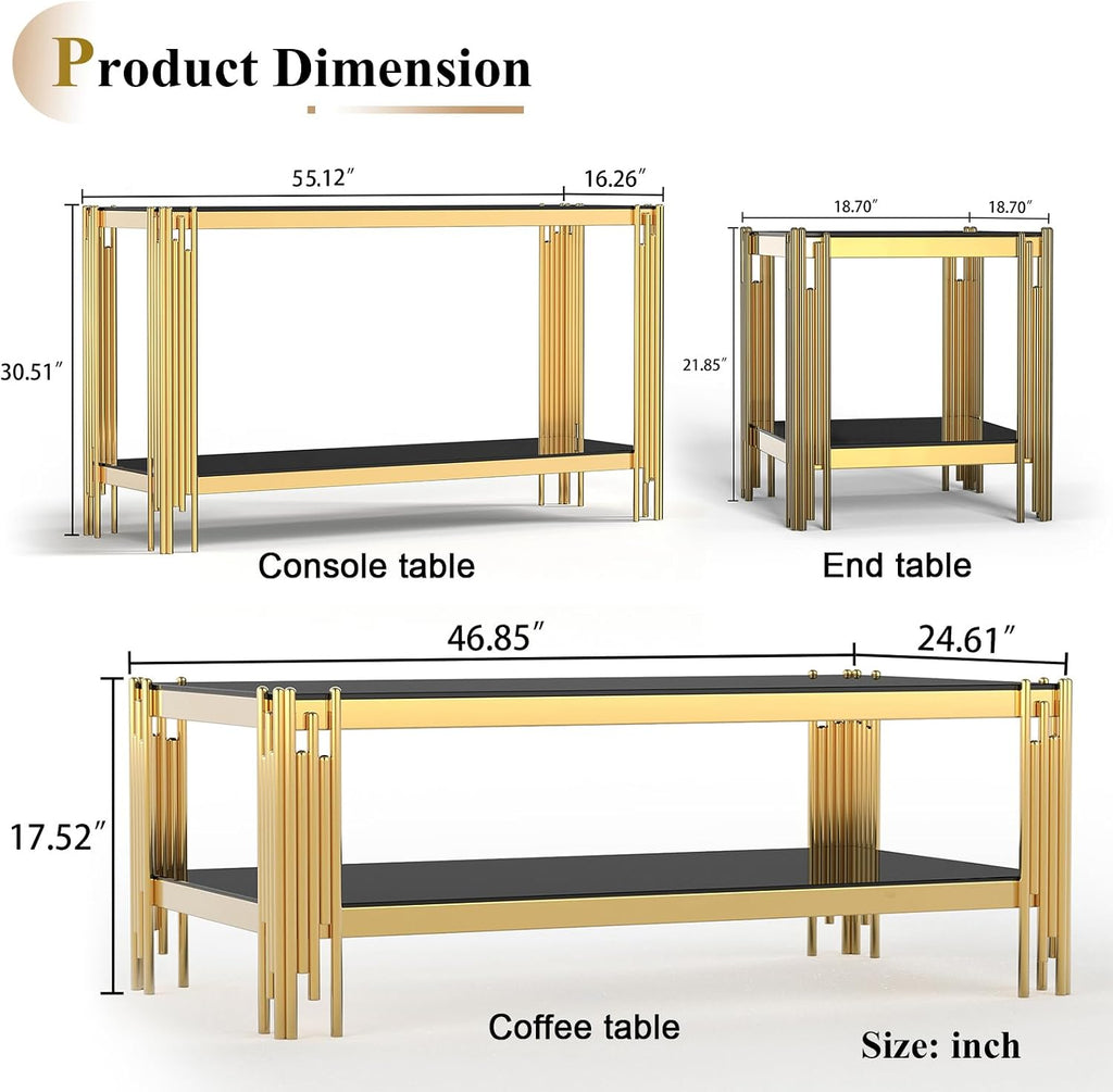 Gold Coffee Table Set of 4 Luxury 2-Tier Glass Coffee Table Console Table & 2 End Table w/Mirrored Stainless Steel Frame Modern 4 Pieces Living Room Table Set for Home Office