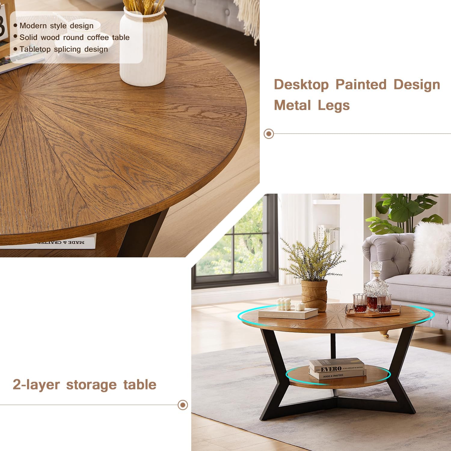 Round Coffee Table, Wood Circle Coffee Table with 2-Tier Storage, Center Table for Living Room Bedroom Office Apartment, Easy Assembly, 35'x 18' Inches, Espresso