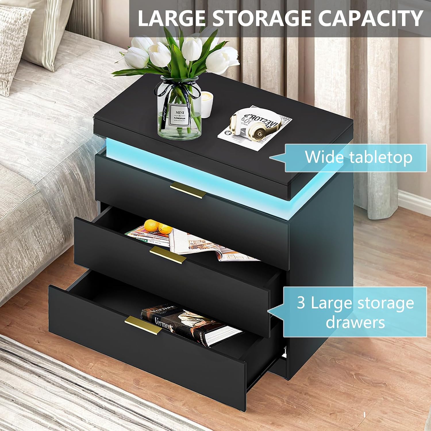 Black Nightstand with Charging Station and LED Lights,30.5 Inch Tall Night Stand with Sliding Top for Bedroom, Bedside Table with 3 Drawers, Modern End Side Table for Living Room