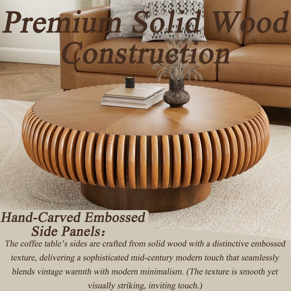 Round Coffee Table for Living Room Modern Solid Wood Fluted Design Coffee Tables with Sturdy Pedestal for Small Space Circle Center Table Accent Tea Table for Apartment, Easy Assemble (Brown, 31.4)