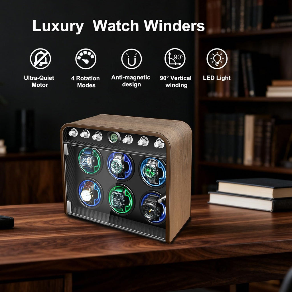 Watch Winder for Automatic Watches, Watch Winders Box 1/2/4/6/9 Slot for Rolex,Silent Motor, 4 Rotation Mode Setting,Built-in led Lights,Gift for Man