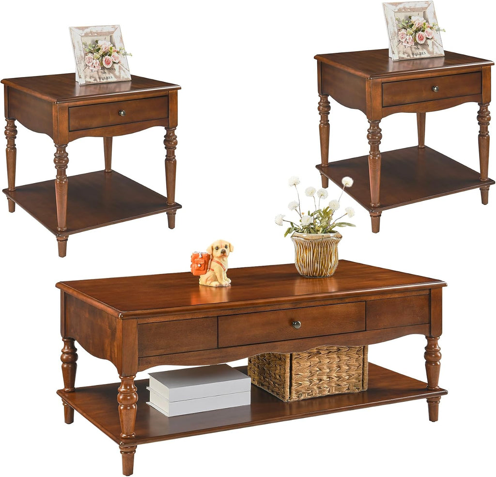 Living Room Table Set-One Rectangular Coffee Table and Two Square End Tables with Storage Drawer, Elegant Vintage Sofa Center Table with Wood Carved legs, No-Tools Assembly, Caramel Brown KFZ-CJZ-C008