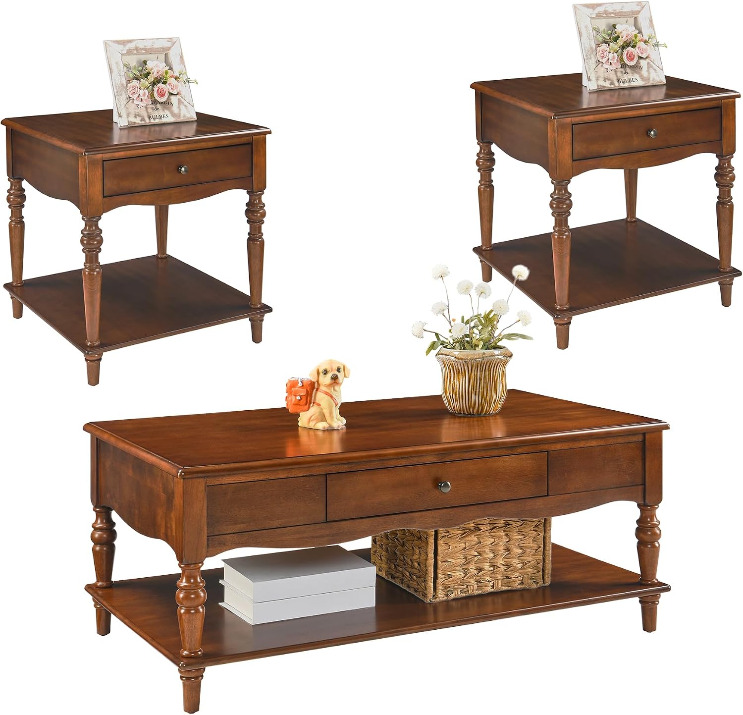 Living Room Table Set-One Rectangular Coffee Table and Two Square End Tables with Storage Drawer, Elegant Vintage Sofa Center Table with Wood Carved legs, No-Tools Assembly, Caramel Brown KFZ-CJZ-C008