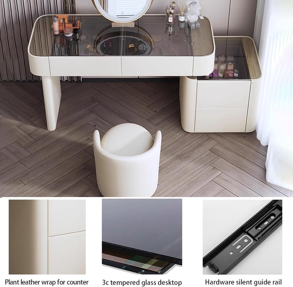 Makeup Vanity Set with Lighted Mirror, Dressing Table with Tempered Glass Tabletop and 4 Drawer, Vanity Desk with Nightstand, Cushioned Stool, 3 Color Lighting Modes,Grey 47.2'/120cm