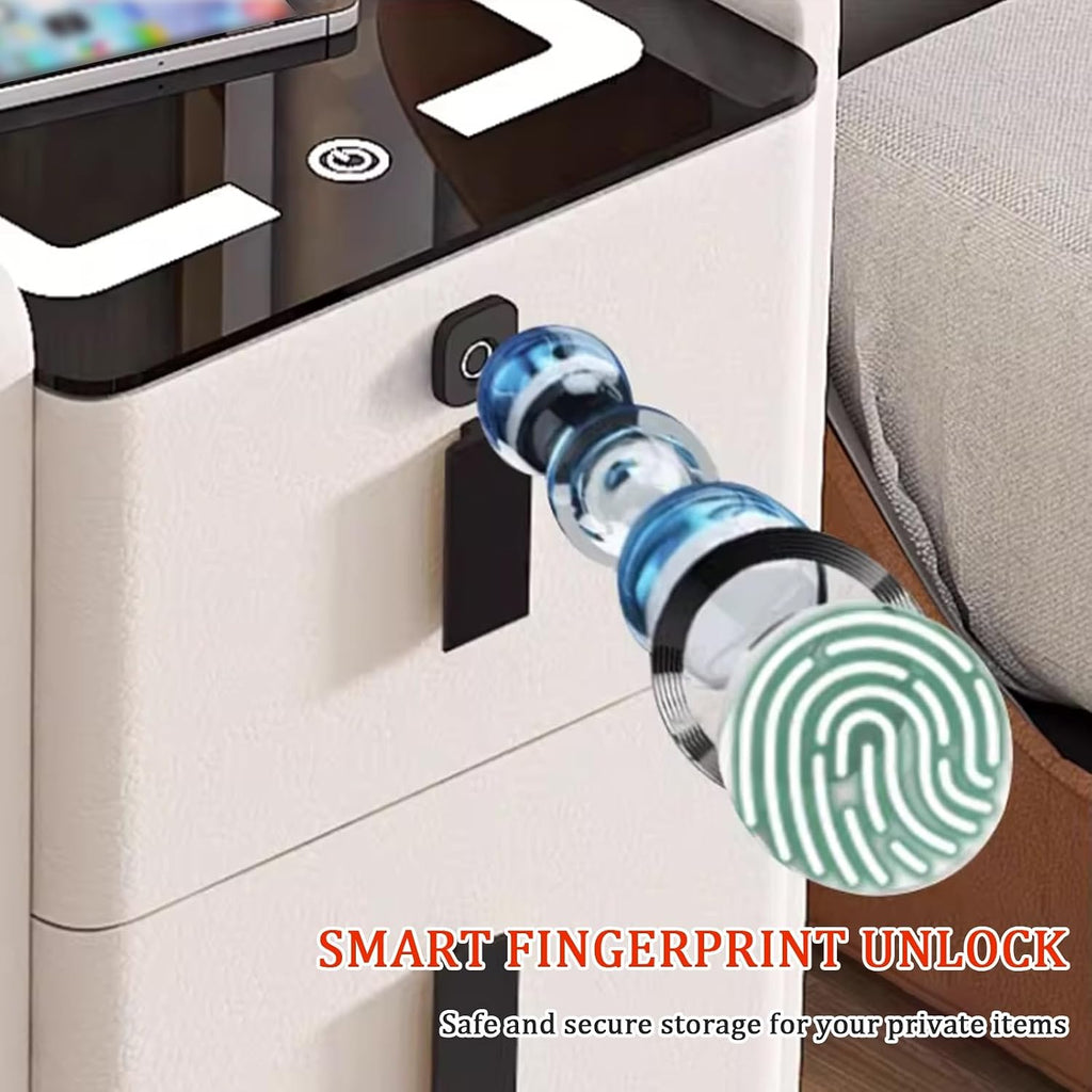 Narrow Nightstand, Smart Nightstand with Fingerprint Locks & Wireless Charging, Tempered Glass Tabletop for Valuables