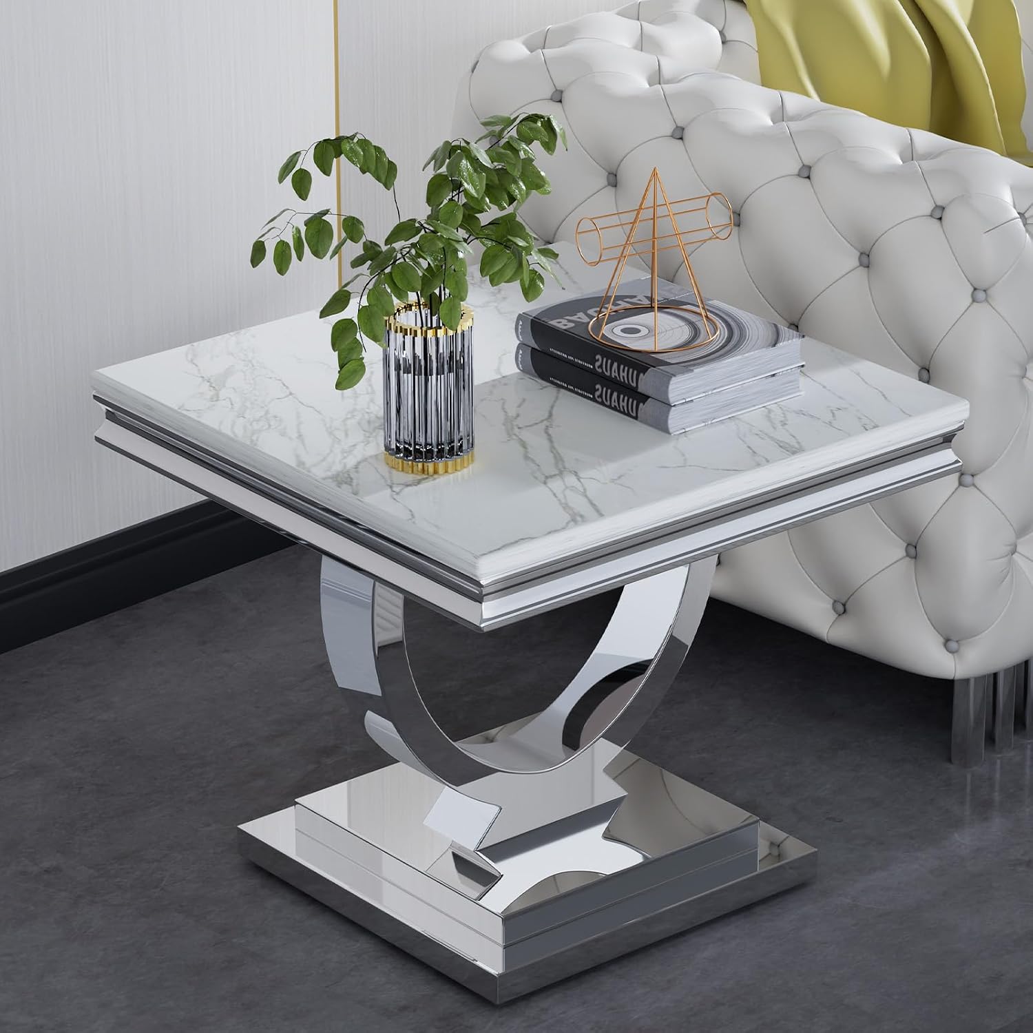 HomVent 3 Pieces U-Shaped Living Room Table Set by Brand, Faux Marble & Stainless Steel Coffee Table Set with Mirrored Finish Home Office (Silver)