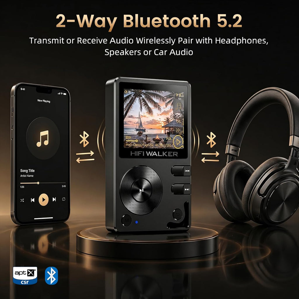 HIFI WALKER H2, High Resolution MP3 Player with Bluetooth5.2, DSD DAC, HiFi Portable Digital Audio Player Lossless High-Res Music Player with 128GB Memory Card, Support Up to 512GB