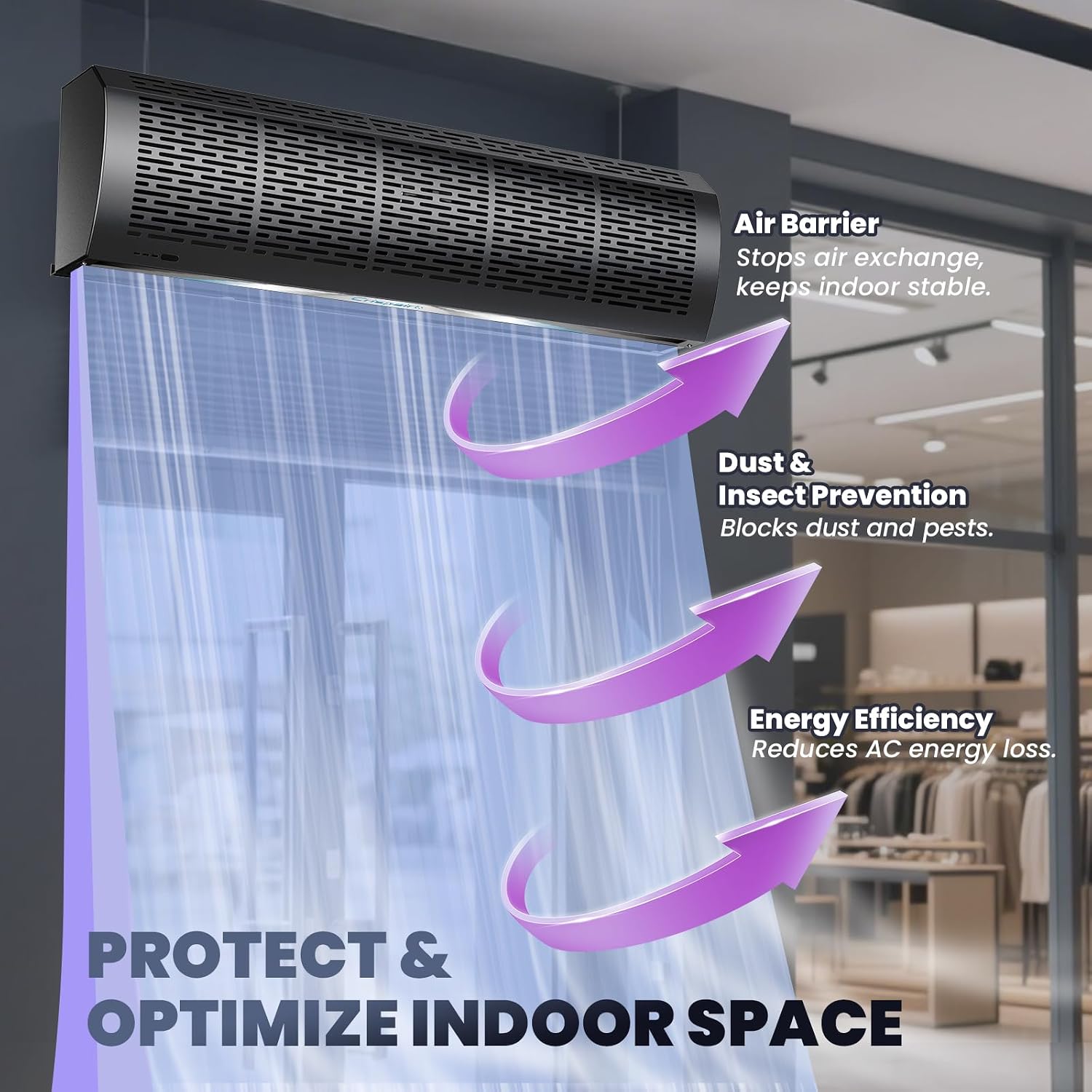 36' Black Air Curtain with Magnetic Door Switch 1527 CFM/2559 FPM Two-Speed Adjustable 180W Powerful Commercial Indoor Air Door Easy Installation Industrial Fan (Not an air conditioner)