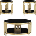 Round Glass Coffee Table Set of 3, Gold Living Room Table Set with Coffee Table and 2 End Table, 2-Tier Glass Table with Stainless Steel Legs and Black Tempered Glass for Living Room