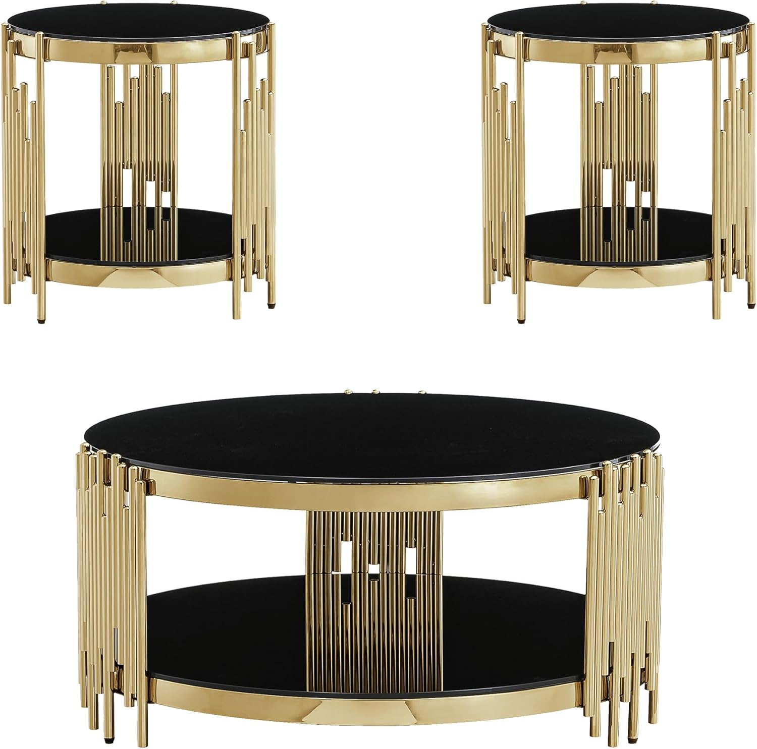 Round Glass Coffee Table Set of 3, Gold Living Room Table Set with Coffee Table and 2 End Table, 2-Tier Glass Table with Stainless Steel Legs and Black Tempered Glass for Living Room