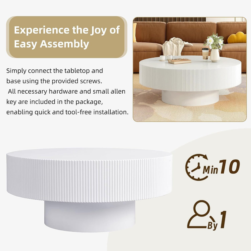 31.5' Round Coffee Table Modern White Fluted Coffee Table for Living Room Circle Drum Wood Center Tables Accent Cocktail Tea Tables for Living Room Apartment Office