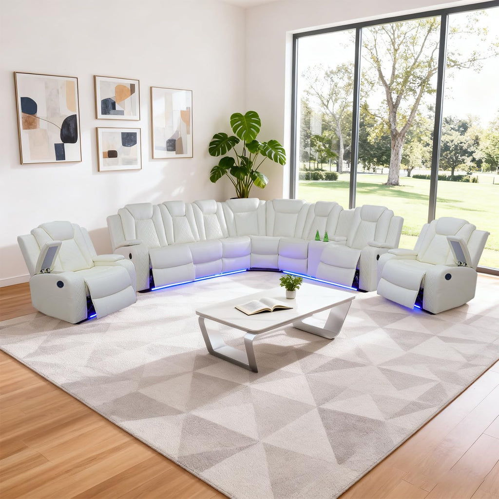 Leather Power Recliner Sectional Sofa Set with LED Light,L Shaped Leather Couch Set with Chair*2,Modular Corner Sofa with USB Ports for Living Room Furniture(White, Sectional+Chair*2)