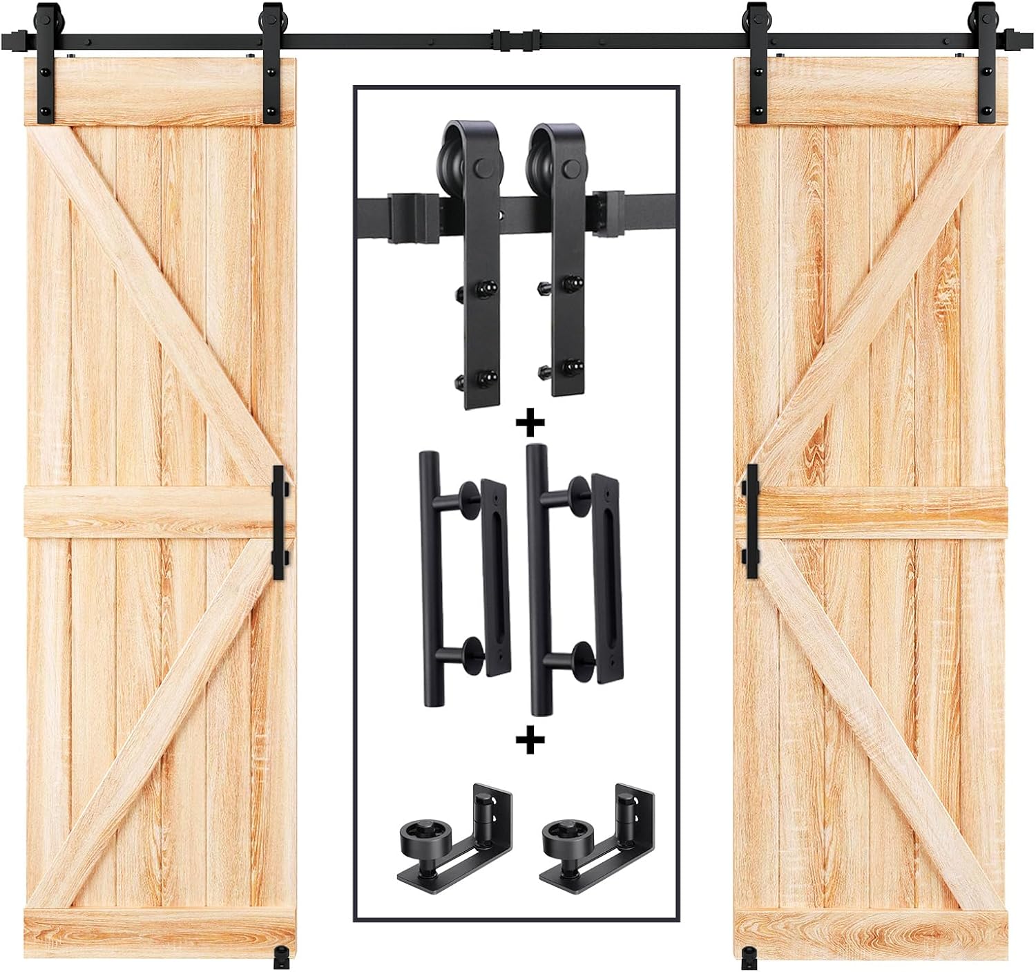 EaseLife 8 FT Double Sliding Barn Door Track and Handle Hardware Kit,Basic J Pulley,Slide Smoothly Quietly,Easy Install (8FT Track Kit for 20'~24' Wide Double Door)