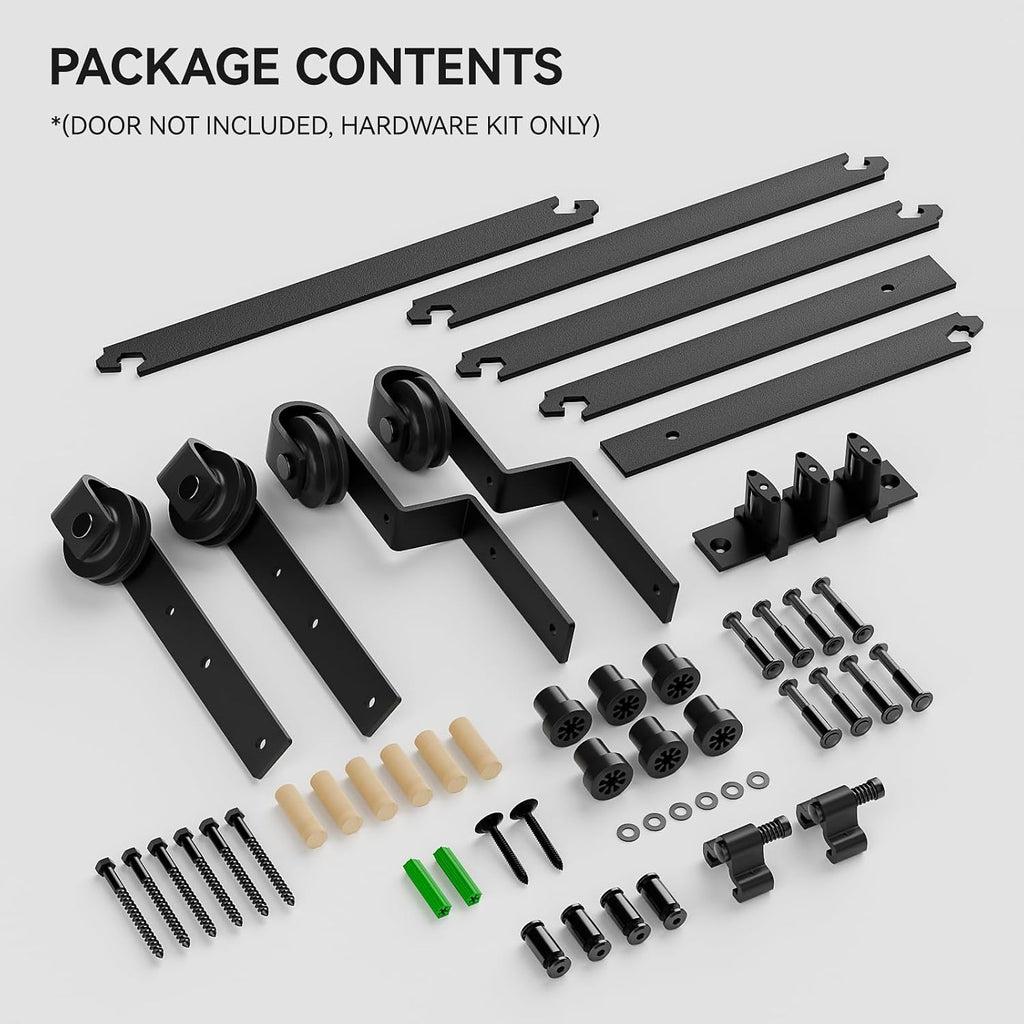 10.5 Feet Bypass Sliding Barn Door Hardware Kit for Double Wooden Doors-Single Track with Bypass Door Floor Guide