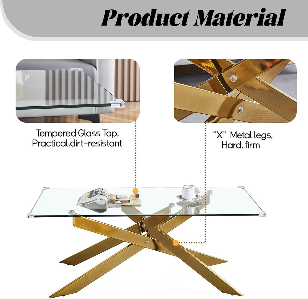 3 Pieces Living Room Table Set, 47' Glass Coffee Table and 2 End Table, Glass Coffee Table Set with Tempered Glass Tabletop and Metal Legs, for Living Room, Leisure, Apartment