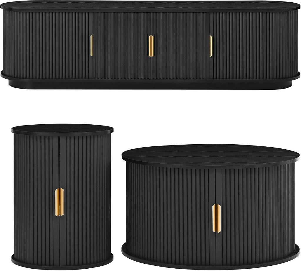 LUMISOL TV Stand and Coffee Table Set of 3, Fluted Entertainment Center with Sliding Doors and Cable Hole for TVs up to 75', Farmhouse Round Center Table for Living Room, Black