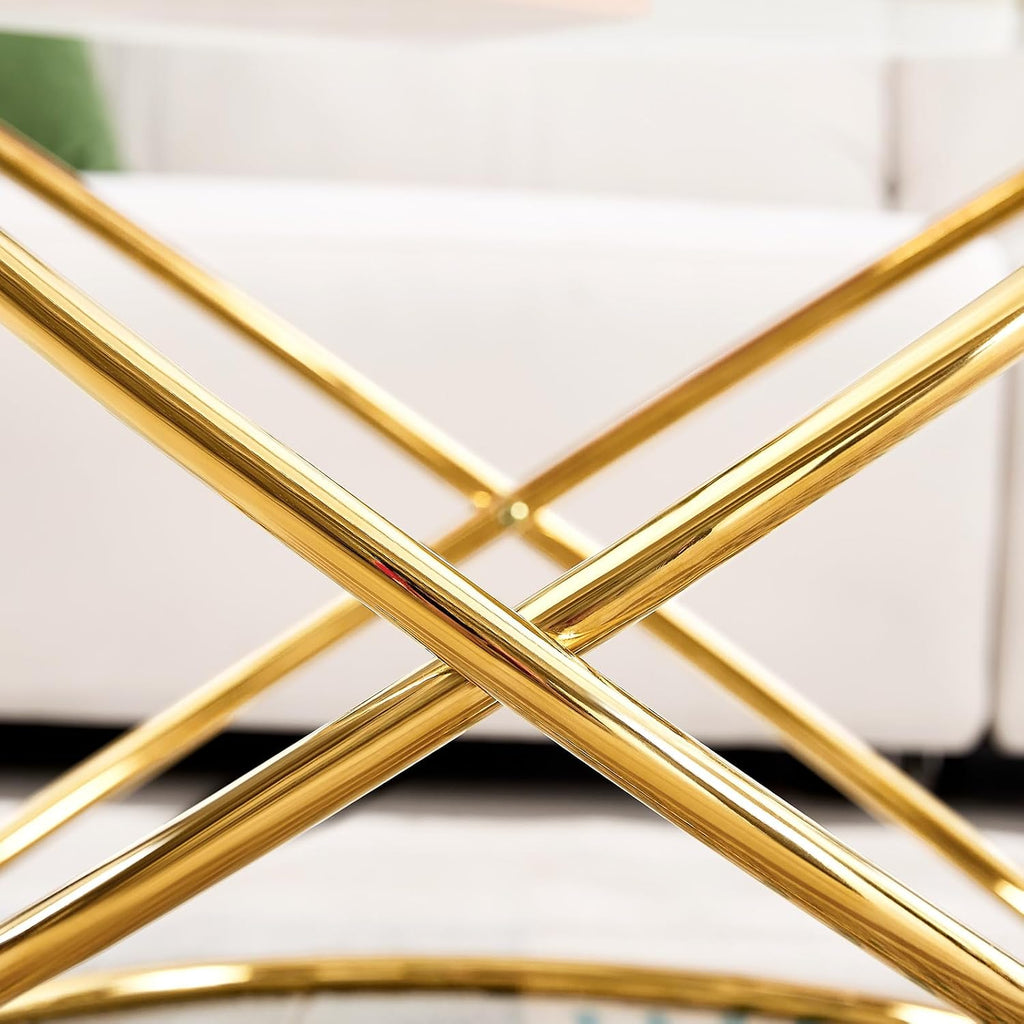 BECHAEO 19.7' Round Glass Gold Side Table Set of 2 with Gold-Plated Metal Ring-Shaped Frame for Living Room, Modern Round Glass End Table Nightstand for Bedroom, Small Side Table for Small Spaces