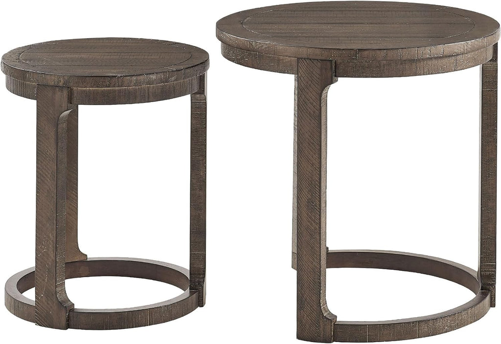 Round End Side Table Set of 2, Handcraft Nesting Table for Living Room, Modern Wood Circle Style, Easy Assembly, Dark Brown