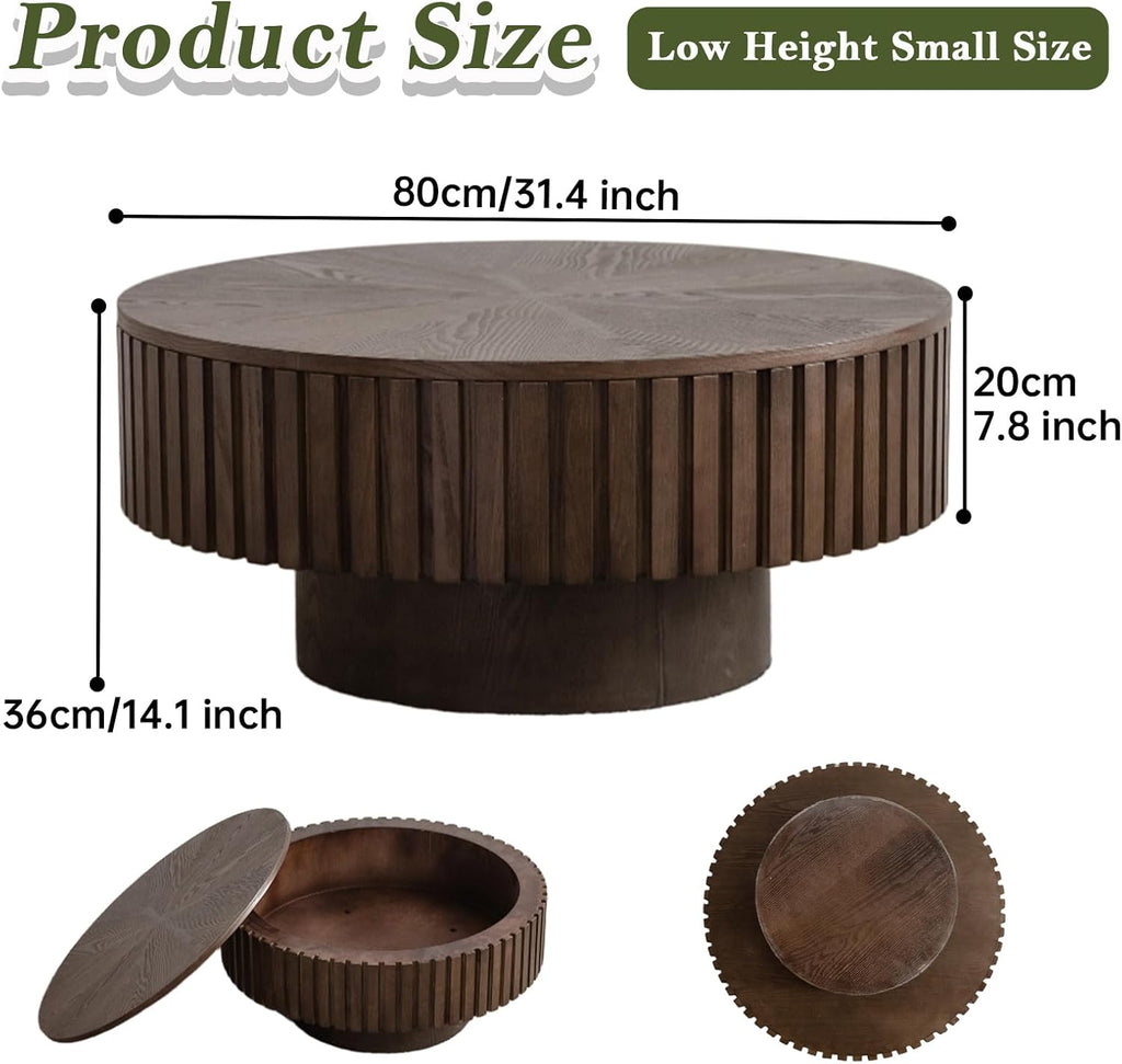 Round Coffee Table with Storage Modern Round Storage Coffee Table Brown Fluted Drum Coffee Table Low Circle Coffee Tables for Living Room (Brown B, 31.4')
