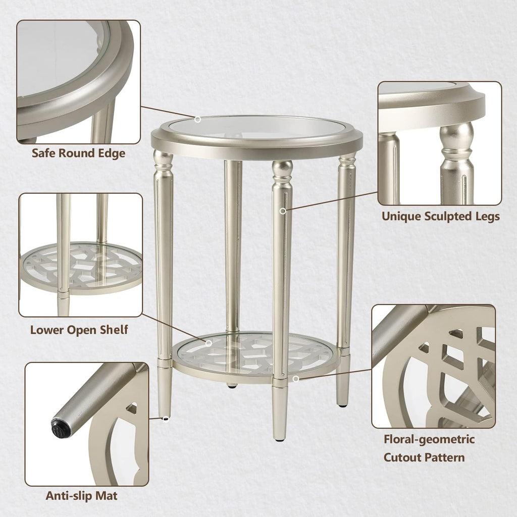 COSIEST Set of 2 Modern Round End Table, 2-Tier Glass Side Table with Glass Tabletop, Wood Accent Table with Storage Shelf for Living Room, Bedroom