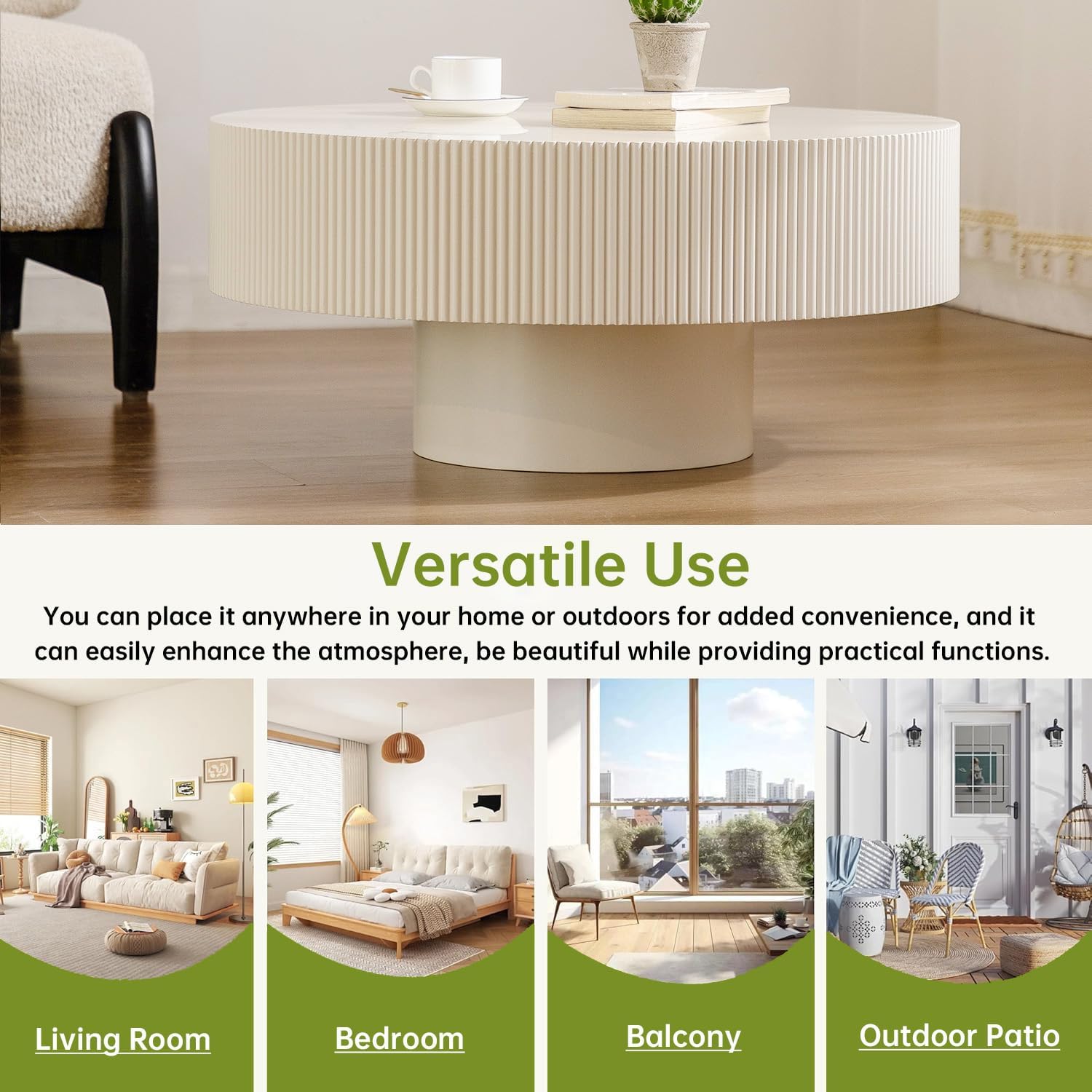Round Drum Coffee Table White Round Fluted Coffee Table Modern Unique Fluted Drum Coffee Tables for Living Room (Ivory White, 30.9 * 30.9 * 13.8')