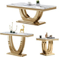 Marble Coffee Table Set of 3, 3 Piece Living Room Table Set Include 1 Coffee Table & 1 End Table & 1 Console Table, Modern White Gold Coffee Sofa Table Sets with Double U Shape Stainless Steel Base