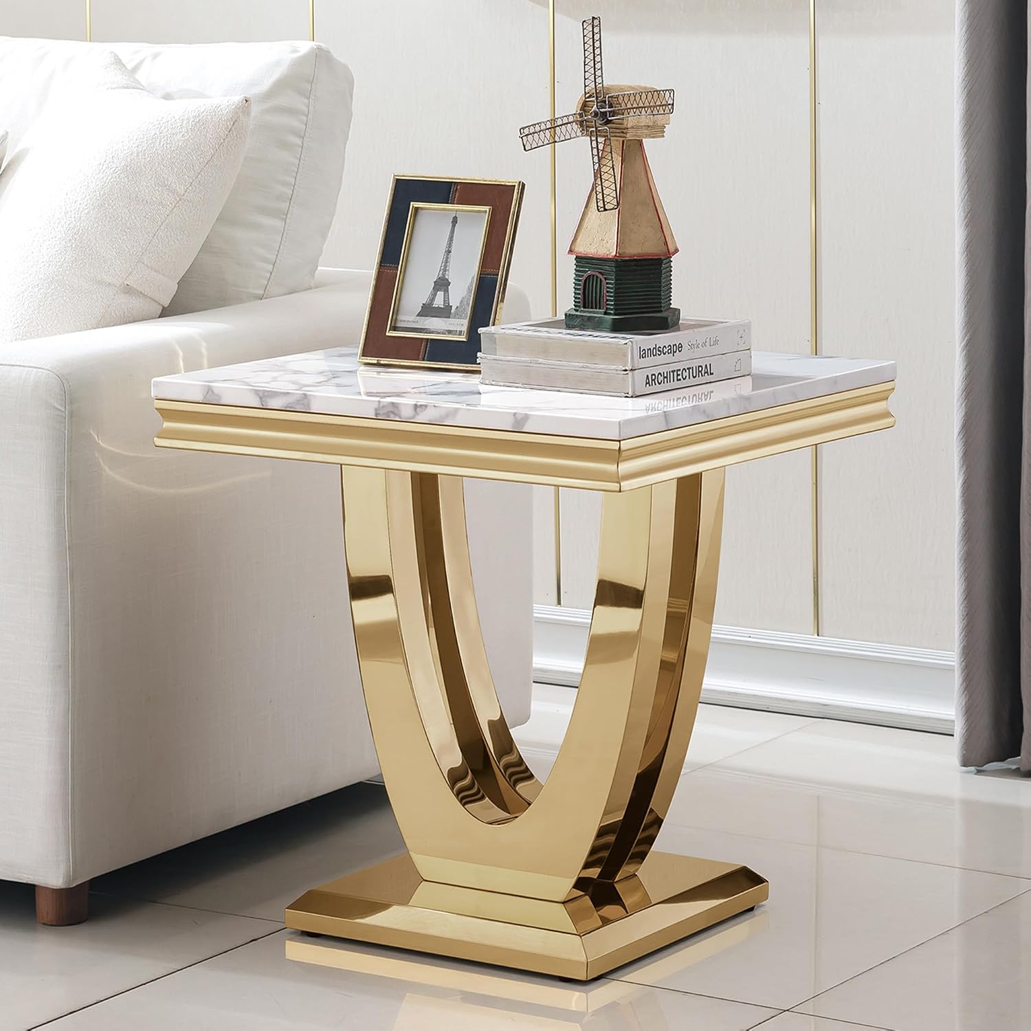 2 Pieces Living Room Table Set, Faux Marble Coffee Table Set of 2, Modern Coffee Table and End Table with U-Shaped Stainless Steel Base for Living Room (White Gold)