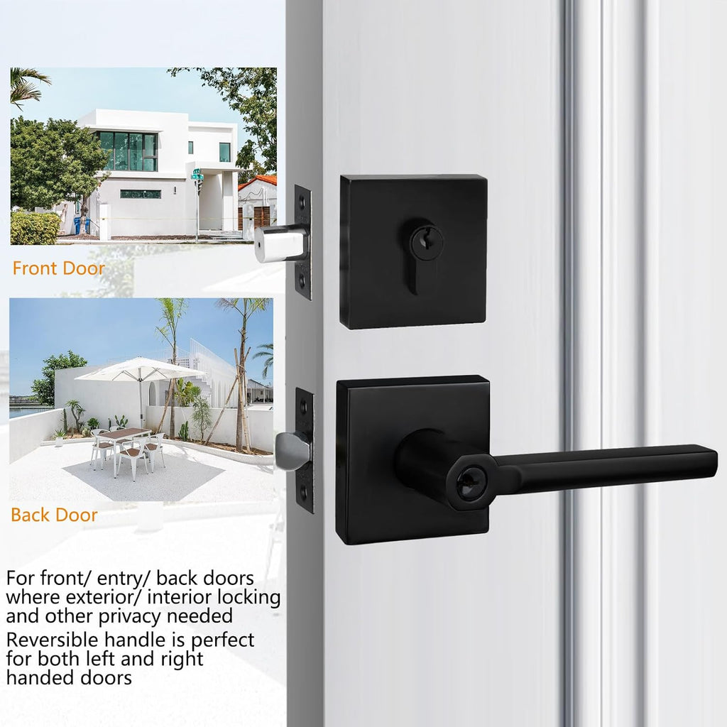 NEWBANG (5Pack Square Heavy Duty Keyed Entry Combo with deadbolt and Lever Door Handle in Matte Black (for Entrance/Exterior/Front/Office Door) Left or Right Handed