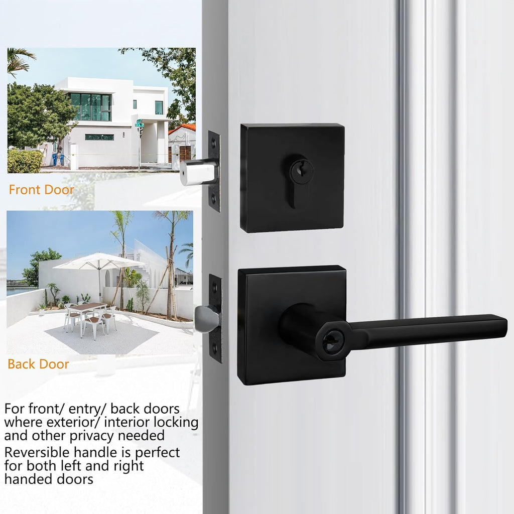 NEWBANG (4Pack) Square Heavy Duty Keyed Entry Combo with deadbolt and Lever Door Handle in Matte Black (for Entrance/Exterior/Front/Office Door) Left or Right Handed