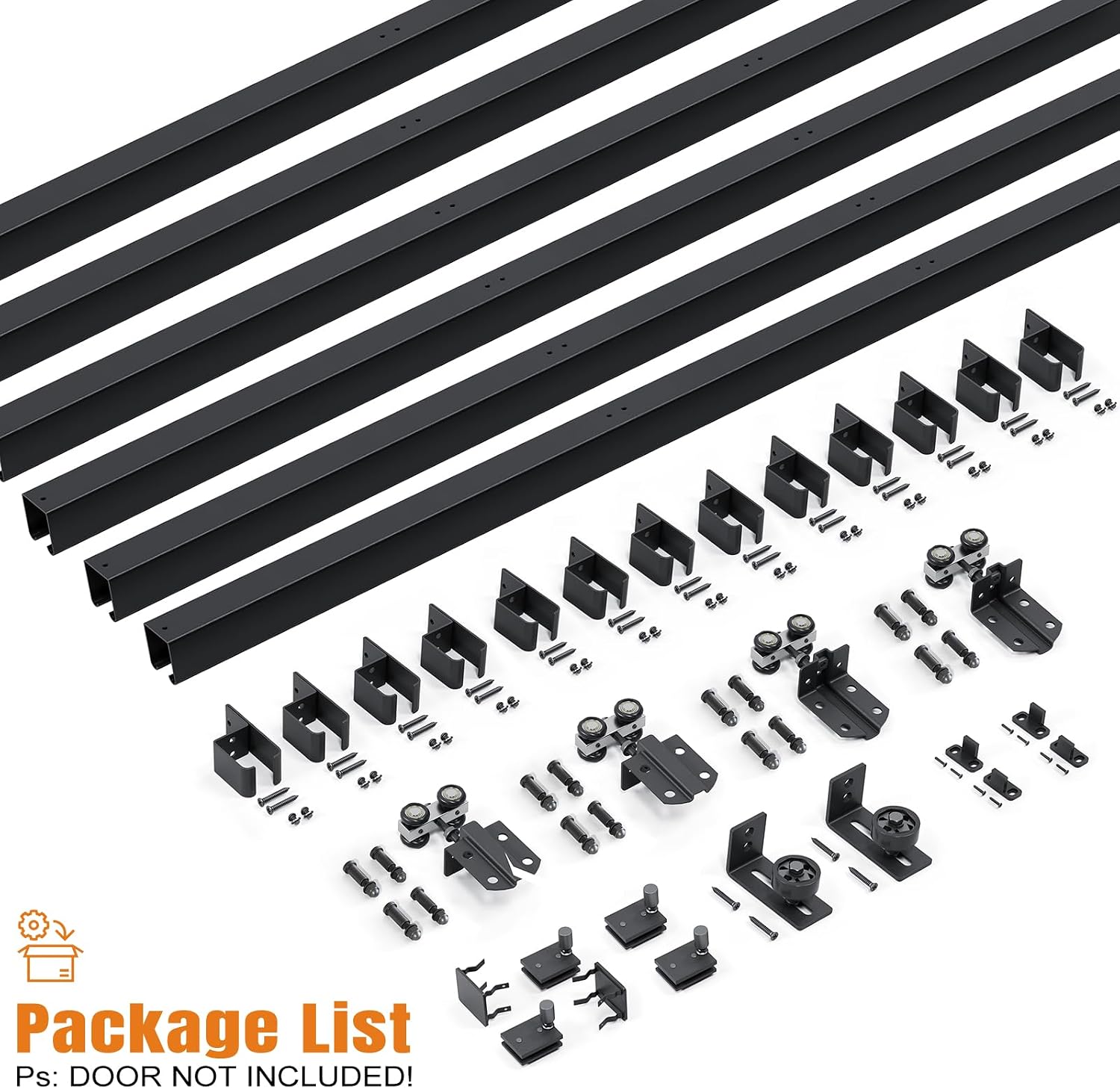 Easelife 24FT Exterior Sliding Barn Door Hardware Kit, Box Rail Track, 450lb Capacity, Black Weather-Resistant Steel, Wall Mount System for Outdoor Use, Fit Double 72in Door