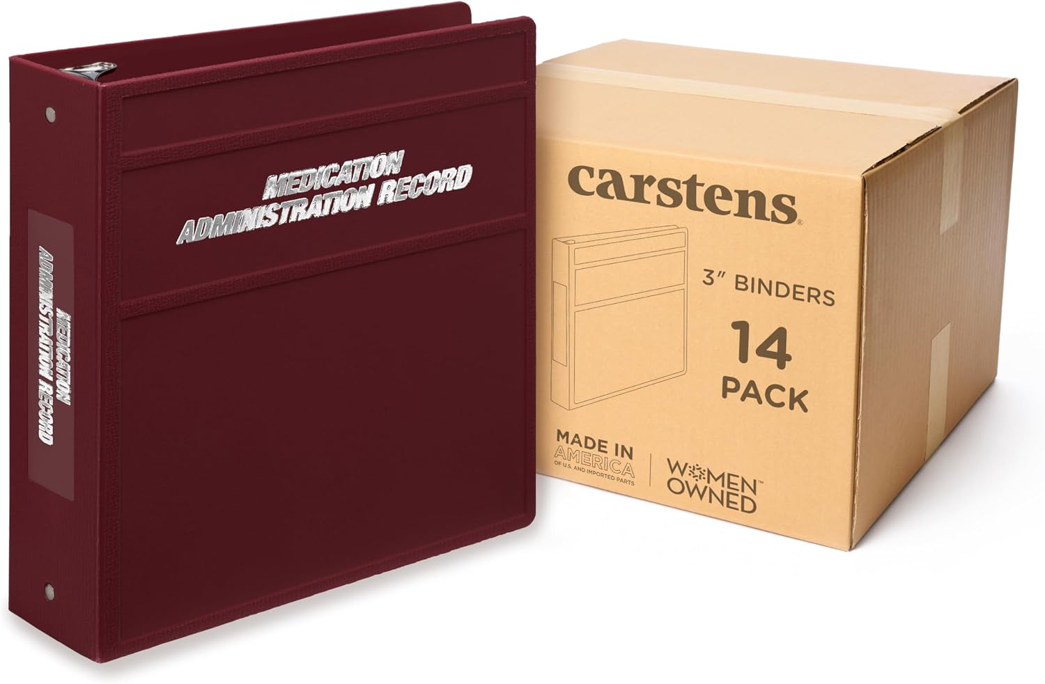 Carstens 3-Inch Heavy Duty Round Ring Binder for Medication Administration Records – Side Opening, Wine, Case of 14, Durable Plastic, No Pockets, Holds 400 Letter Sheets, Made in USA (1791-3RCS)