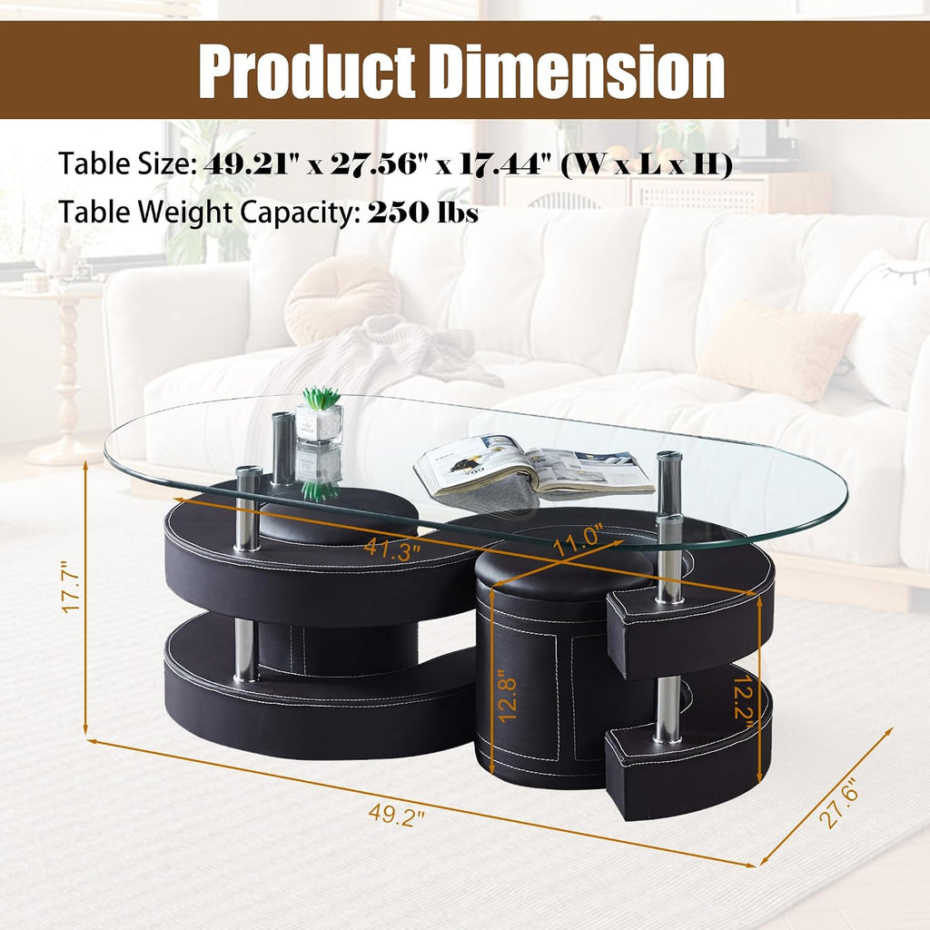 Glass Coffee Table Set with 2 Stools, 49' Oval Coffee Table with Tempered Glass Table Top and 2 Leather Stools, Modern Glass Center Table for Living Room, Home Office