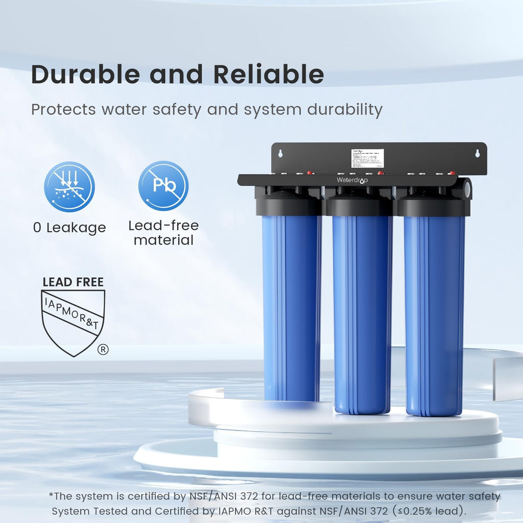 Waterdrop WHF3T-FG 3-Stage Whole House Water Filter System, Reduces Iron & Manganese, Lead, Chlorine, Odor, 7-Stage Filtration, with Carbon Filter & Sediment Filter, 5 Micron, 1' Inlet/Outlet