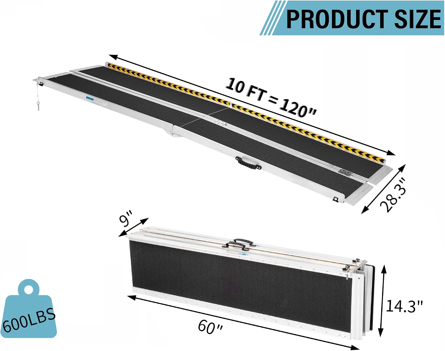 10 Feet Aluminum Folding Wheelchair Ramp | Non-Skid Handicap Threshold Wheel Chair Ramp for Home Steps, Stairs, Entry, Threshold, Doorways, 600LBS Capacity,28in Wide