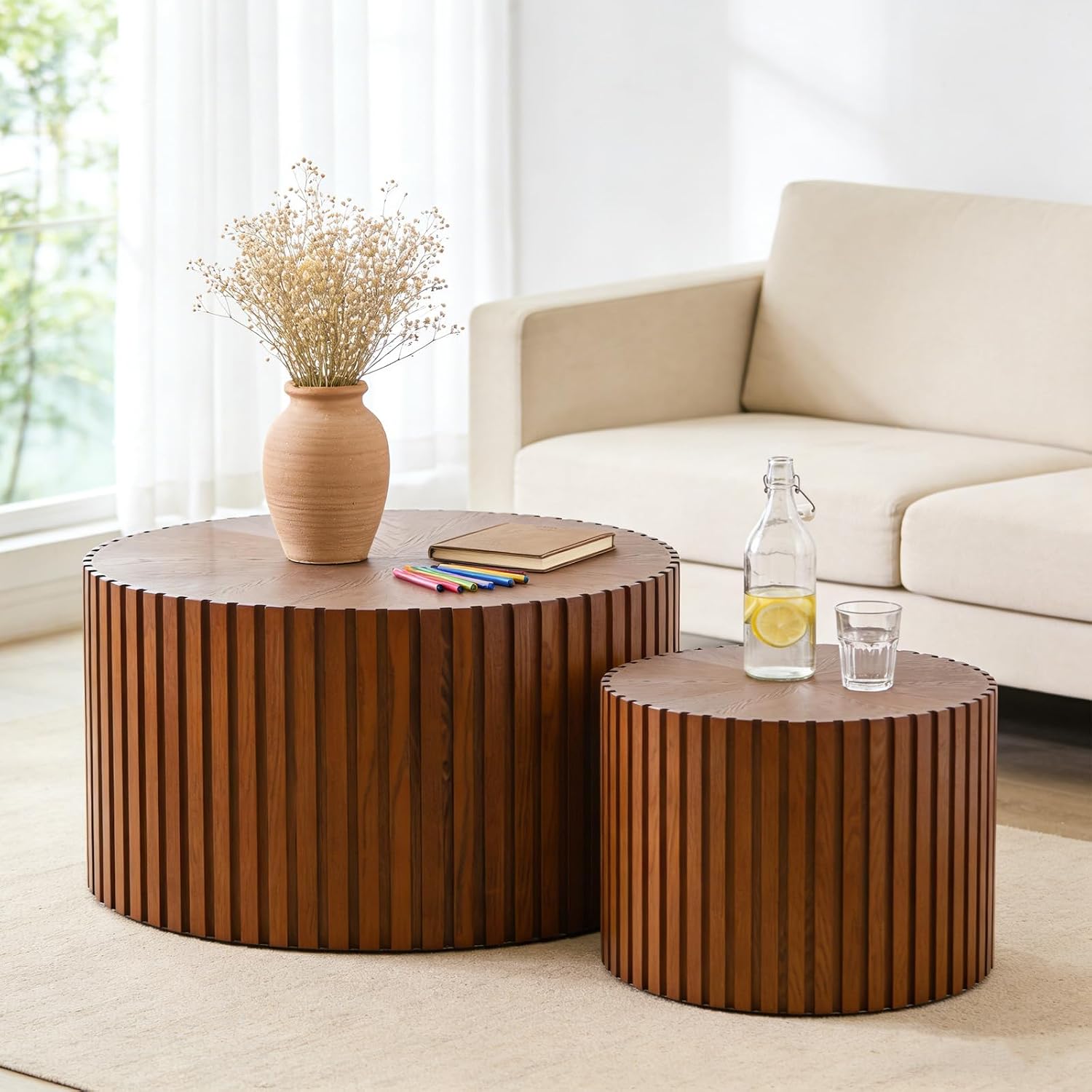 Handcraft Round Nesting Coffee Table - Chic Wave Stripe Edge, Modern Stylish Walnut Wooden Circle Fluted Center Table for Living Room (27.6in+19.7in)