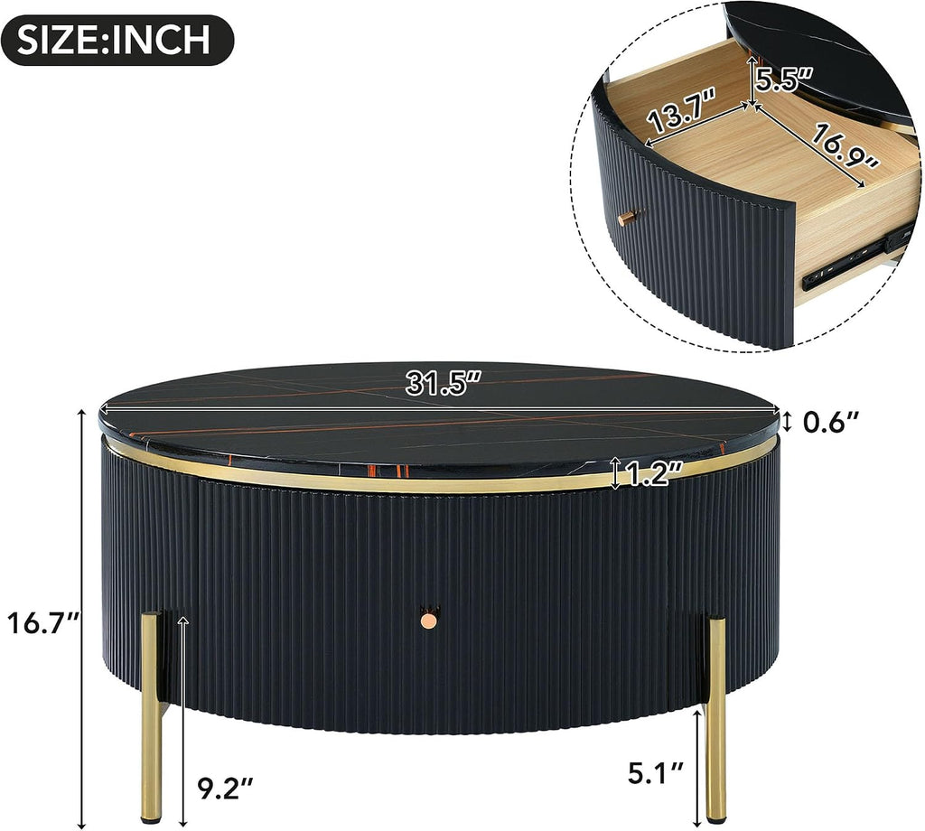 Modern Round Coffee Table with 2 Large Drawers Storage Accent Table for Living Room, Black(31.5'')