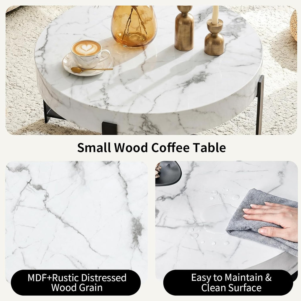 Round Coffee Table, Small Wood Coffee Table with Storage, Modern Wood Circle Table with Metal Frame, Round Accent Center Tables for Living Room Apartment Small Space