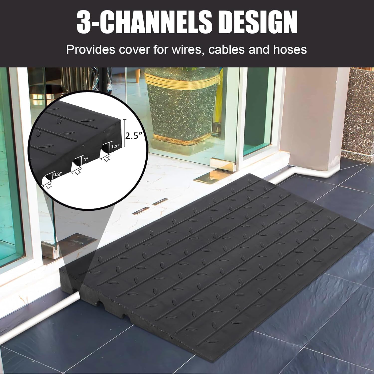 Rubber Threshold Ramp, 4' Rise Threshold Ramp Doorway, 3 Channels Cord Cover Solid Wheelchair Ramp, Rubber Angled Entry Rated 2500 Lbs Load Capacity for Doorways, Wheelchair, Scooter, Cars