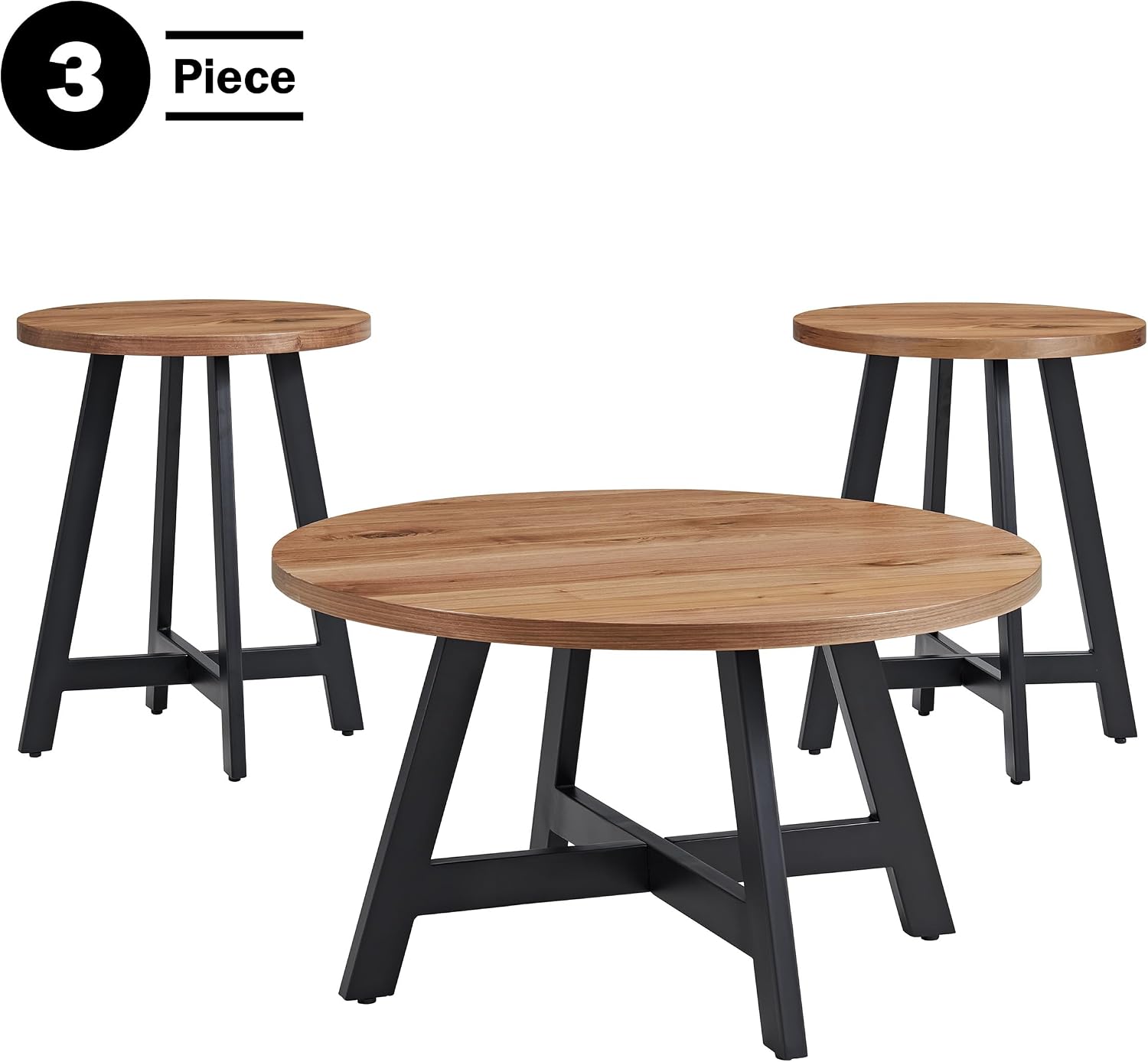 Lavish Home 3-Piece Coffee Table Set - Industrial Modern Round Coffee Table and 2 Side Tables - for Living Room, Apartment, or Dorm Room (Walnut)