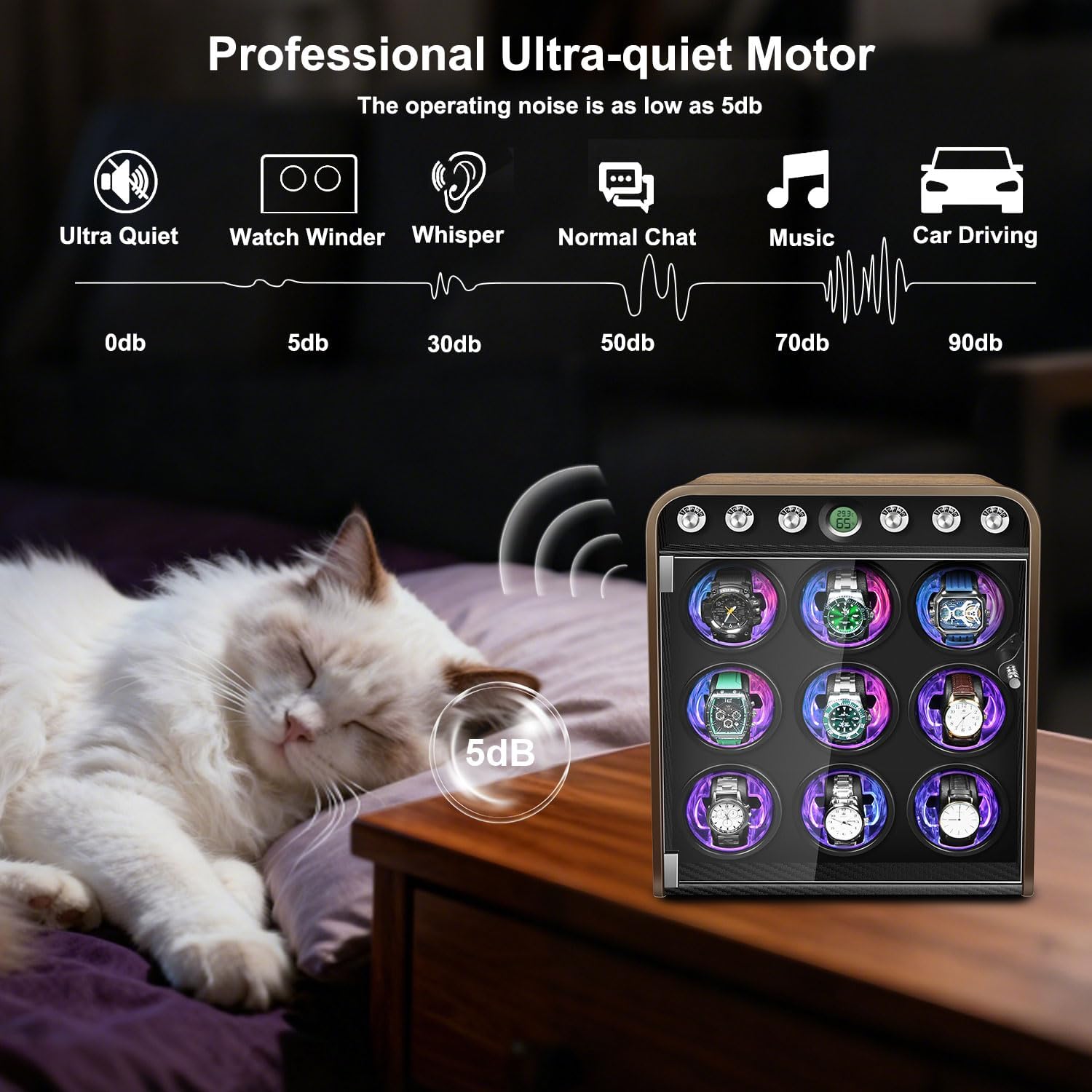 Watch Winder for Automatic Watches, Watch Winders Box 1/2/4/6/9 Slot for Rolex,Silent Motor, 4 Rotation Mode Setting,Built-in led Lights,Gift for Man