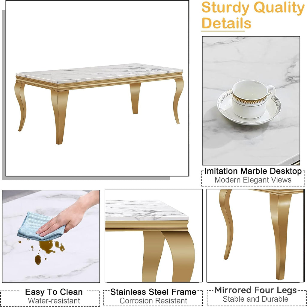 47' Marble Coffee Table for Living Room, Modern White Coffee Table with Gold Stainless Steel S-Shaped Legs, Faux Marble Rectangle Center Table Accent Cocktail Table for Home,Office