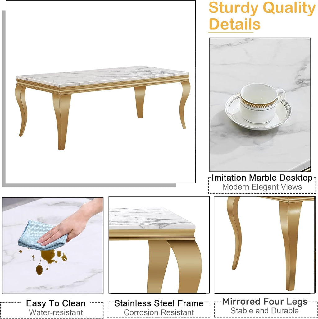 White Marble Coffee Table Set of 2, Modern Faux Marble Coffeee Table and End Side Table, Luxury 2 Piece Living Room Table Set with Gold Stainless Steel S-Shape Legs for Apartment Home Office