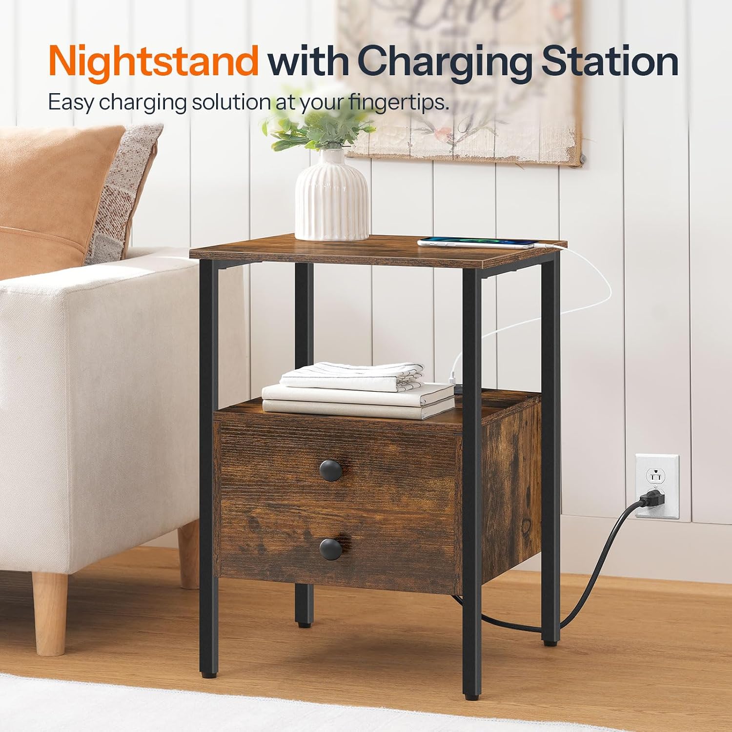 HOOBRO End Table Set of 2 with Charging Station, Bedside Table with 2 Drawer & USB Ports & Type-C Port, Nightstand for Small Spaces, Stable and Sturdy, for Living Room, Rustic Brown BF43UBZP201