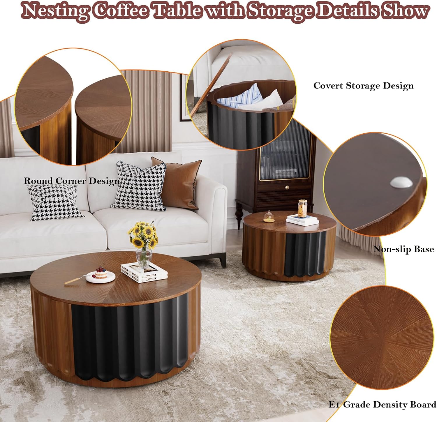 Round Nesting Coffee Table with Storage Stylish Chic Wooden Circle Center Table - Handcraft Relief Veneer for Living Room Study Balcony (F 26.8+19.7in)