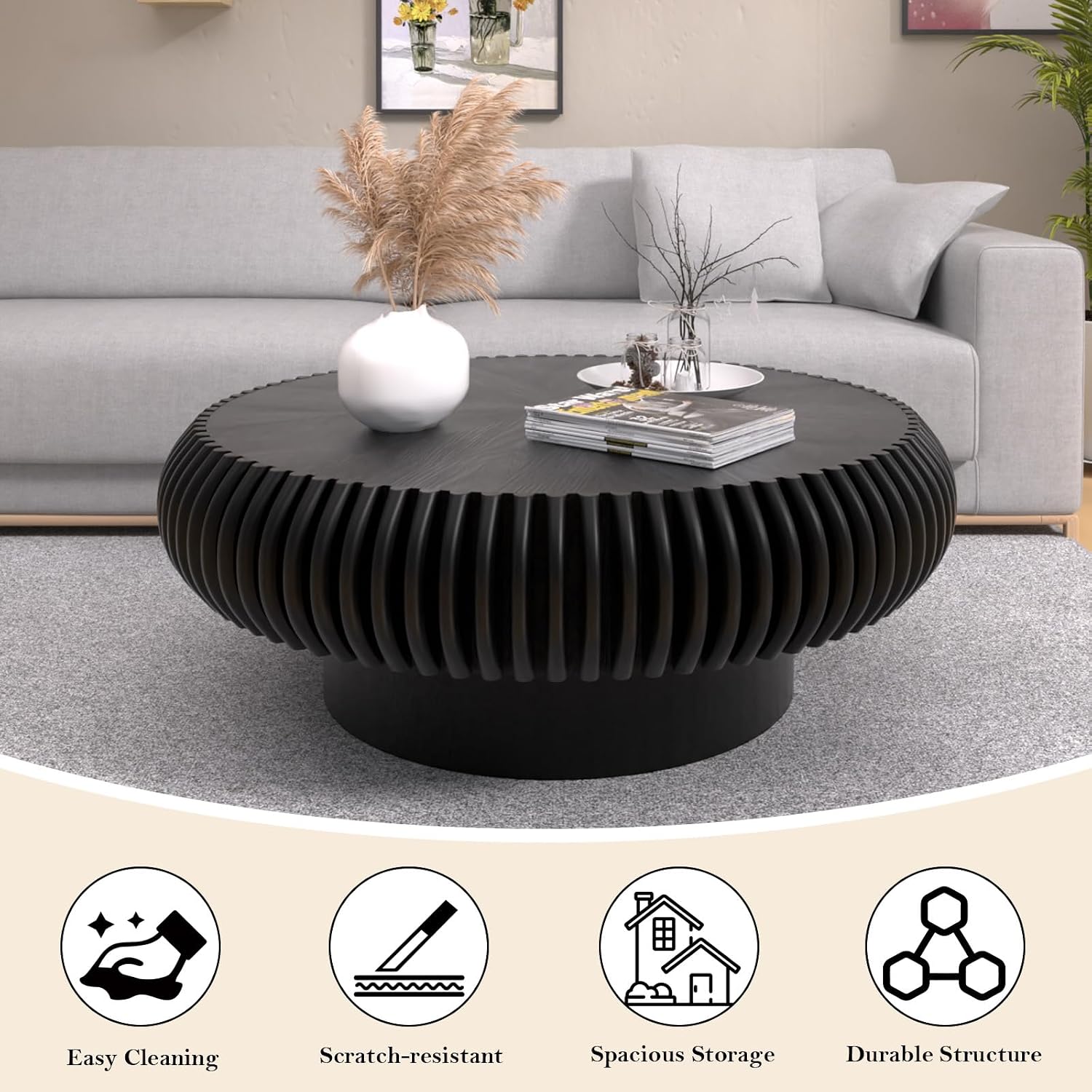 31.49' Round Fluted Coffee Table Unique Contemporary Wood Low Circle Drum Tea Tables with Sturdy Pedestal for Small Space (H Black 31.49in)