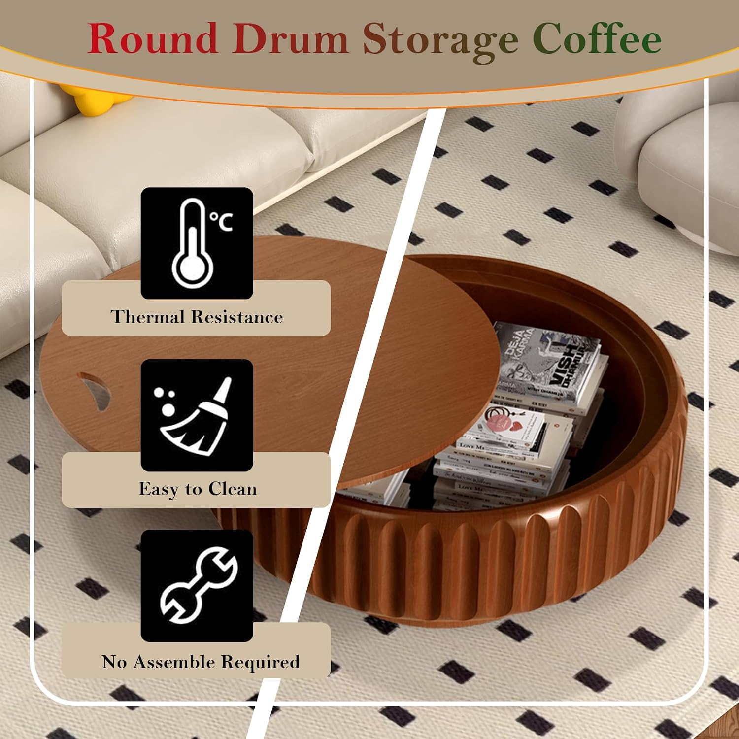 Chic Drum Coffee Table with Storage 31.5' Rustic Round Center Table - Handcraft Fluted Veneer Easy Assemble for Living Room Apartment (C 31.5in)