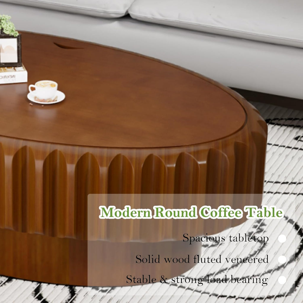 43.3' Oval Drum Coffee Table with Storage Rustic Chic Fluted Center Table - Handcraft Solid Wood Veneer Edge for Living Room Farmhouse (B 43.3in)