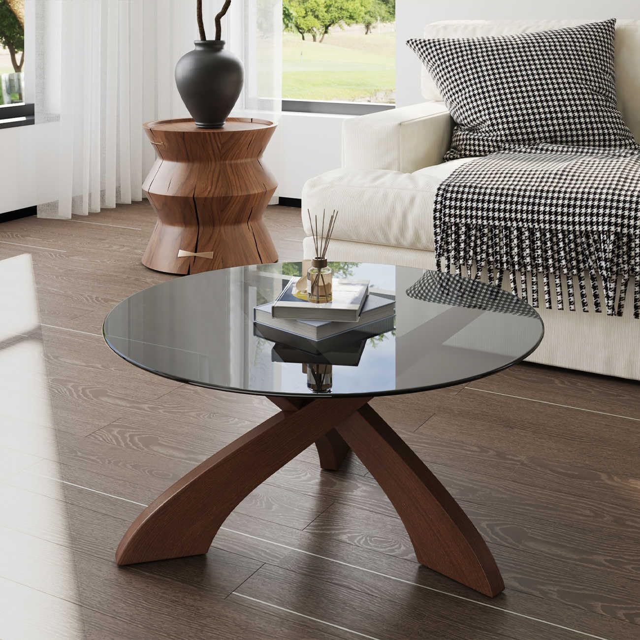 Honyee Glass Coffee Table, 30.7' Round Coffee Table with Tempered Glass Top, Walnut Wood X-Shaped Base, Stable Modern Center Table for Living Room, Apartment and Small Spaces