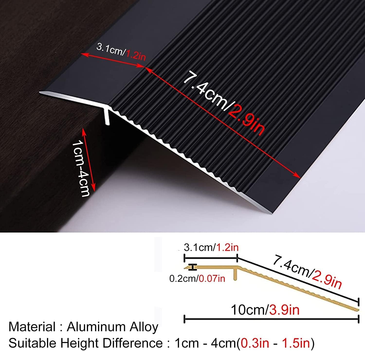 Floor Transition Strip Walkers Entry Ramp, Doorway Thresholds Reducer dor Kindergarten Hotel, Aluminum Floor Cover Edge Trim Strips Tile to Wood, Wide Floor Ramp Joining Strip ( Color : Black , Size :